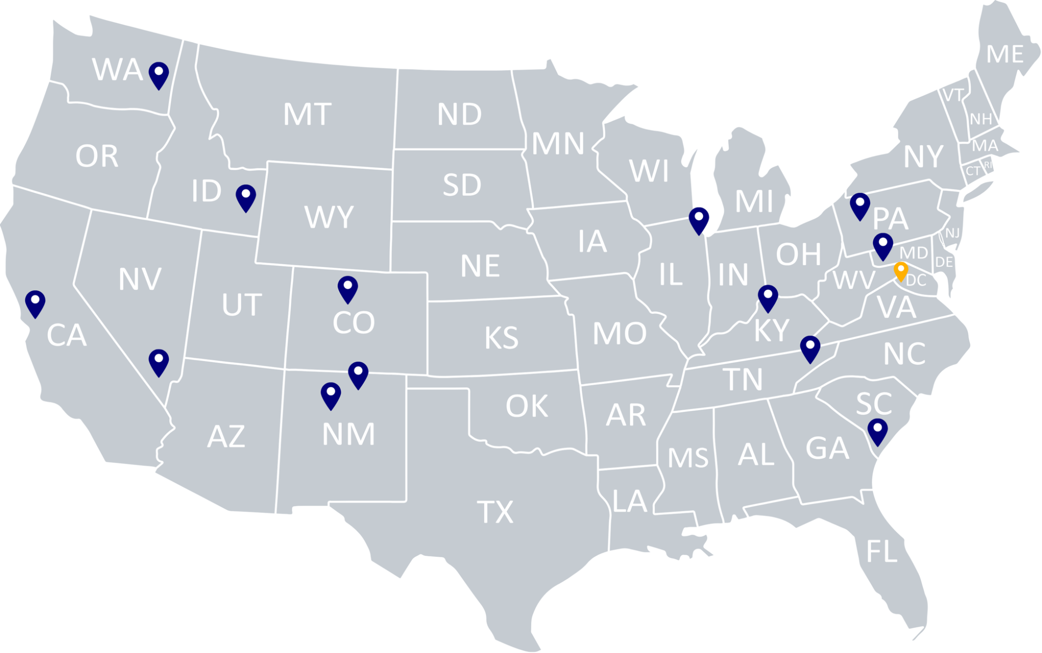 US Map with markers show locations